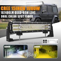 10D CREE 15INCH QUAD ROW 1080W LED LIGHT BAR SPOT FLOOD COMBO Driving SUV 14/16