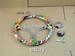 14 Wood Grip Mirror Chrome S/S Spoke Steering Wheel White Skull Graffiti