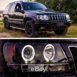 1999-2004 Jeep Grand Cherokee WJ WG Black LED Halo Angel Eye Projector Headlight