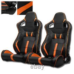 2 ×Black/Orange Strip PVC Leather Left/Right Racing Bucket Seats Adjustor Slider
