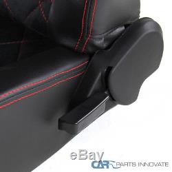 2 Black Red Checked Stitch Sport Racing Seats Driver Passenger Side+Slider