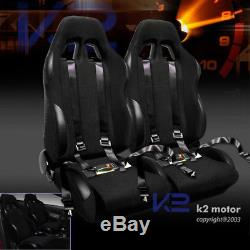 2 X Reclinable Racing Seats Black with4 Point Safety Harness Belt Belts