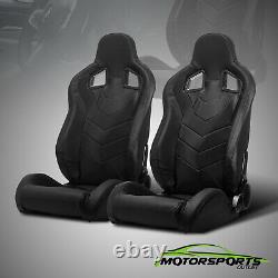 2 x Reclinable Black PVC Punching Leather Left/Right Racing Seats + Slider Pair