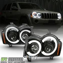 2005-2007 Jeep Grand Cherokee Black LED Tube DRL Projector Headlights Headlamps