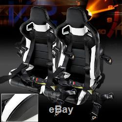 2PC White Black PVC Leather JDM Racing Seats+4 Point Harness Racing Seat Belts