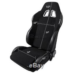 2X Black Cloth PVC Leather Patch Edges Reclinable Sports Racing Seats withSliders