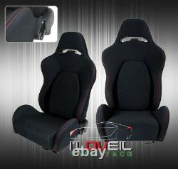 2X Fully Reclinable Racing Bucket Seats Universal Slider Rails Black Red Stitch