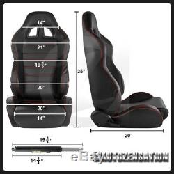 2X JDM Black PVC Leather Red Stitching Full Reclinable Racing Bucket Seats