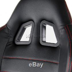 2X JDM PVC Leather BLACK Reclinable Bucket Racing Seats withRed Stitch Stripes