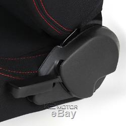 2X Red Stitch Black Cloth Reclinable Sports Bucket Racing Seats Left+Right