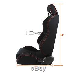 2X Red Stitch Black Cloth Reclinable Sports Bucket Racing Seats Left+Right