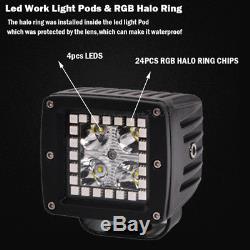 2x 3 CREE Led Work Light Bar Fog Pods with RGB Halo Ring Color Change Chasing Kit