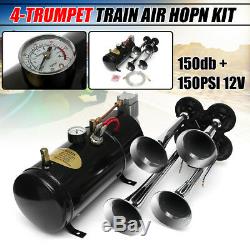 4 Trumpet 150 DB Truck Train Air Horn 12/24V 100 PSI Compressor Tank Gauge Hose