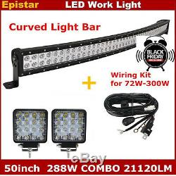 50inch 288W Curved LED Light Bar +Wiring Kit + 2pcs 4inch 18W Spot Work Lights