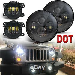7 Round LED Headlight 4 LED Fog Driving Light Kit for 07+ Jeep Wrangler JK JKU