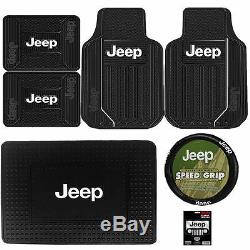 7pc Elite Black Front Rear Cargo Rubber Floor Mats Steering Wheel Cover for Jeep