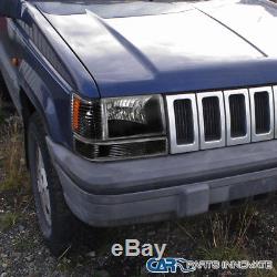 93-96 Jeep Grand Cherokee SUV Black Headlights with Bumper Corner Lamps Left+Right