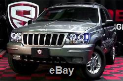 Black 99-04 Jeep Grand Cherokee Halo Angel Eye Led Projector Headlight 1999-2004