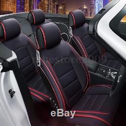 Black/Red 5-Seats Car PU Leather Seat Cover Front+Rear Set withNeck Lumbar Pillow