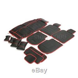 Black/Red 5-Seats Car PU Leather Seat Cover Front+Rear Set withNeck Lumbar Pillow