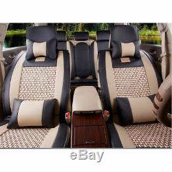 Car Seat Cover PU Leather Mesh 5-Seats Front+Rear+Pillows Set Black/Beige Size M