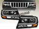 FITS FOR 1999-2004 Jeep Grand Cherokee Headlights Black LED BAR 00 01 02