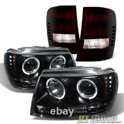 For 1999-2004 Jeep Grand Cherokee LED Halo Headlights+Red Smoke Tail Brake Lamps