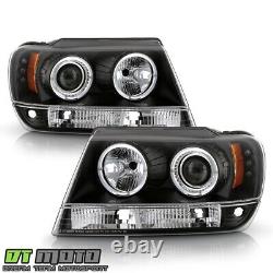 For 1999-2004 Jeep Grand Cherokee LED Halo Headlights+Red Smoke Tail Brake Lamps