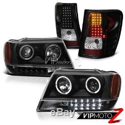 For Jeep 99-04 GRAND CHEROKEE BLACK HALO PROJECTOR HEADLIGHT+LED TAIL LIGHT LAMP