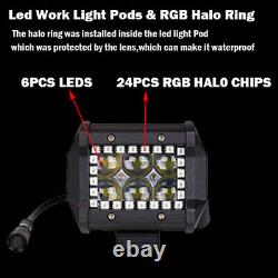 Pair 4 60W Led Work Light Bar Spot Fog Pods RGB Halo Color Changing Chasing Kit