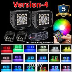 Pair 48W LED Work Light 3 inch Cube Pods Bluetooth RGB Halo & Wiring Harness