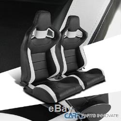 Pair JDM T-R Black White PVC Driver+Passenger Side Racing Seats Reclinable