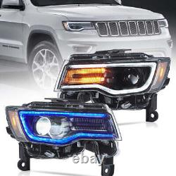 Pair LED Headlights Black trim For 2014-2021 Jeep Grand Cherokee Blue DRLStartup