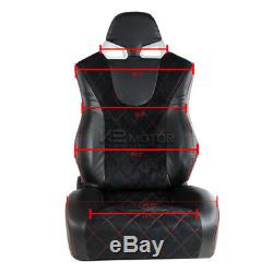 Pair Red Line Checked Stitching Black Leather Suede Reclinable Racing Seats