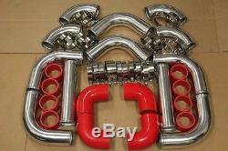 Red Fimc Intercooler+turbo Piping Kit Coupler Clamps Turbocharger Supercharger