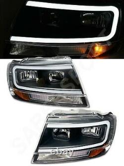 Set of Pair Black Headlights with LED C-Bar for 1999-2004 Jeep Grand Cherokee