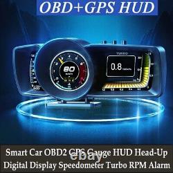 Smart Car OBD2 GPS Gauge HUD Head-Up Digital Display Speedometer Turbo RPM Alarm