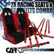 T-R Black Red Cloth PVC Reclinable Racing Bucket Seats Pair withRed Belt Harness